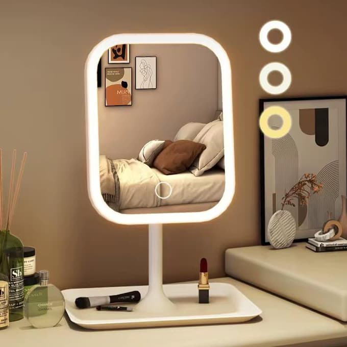 Espelho de Led Com Base Para Maquiagem Portátil Com 3 Tipos de iluminação Rotação Abajur