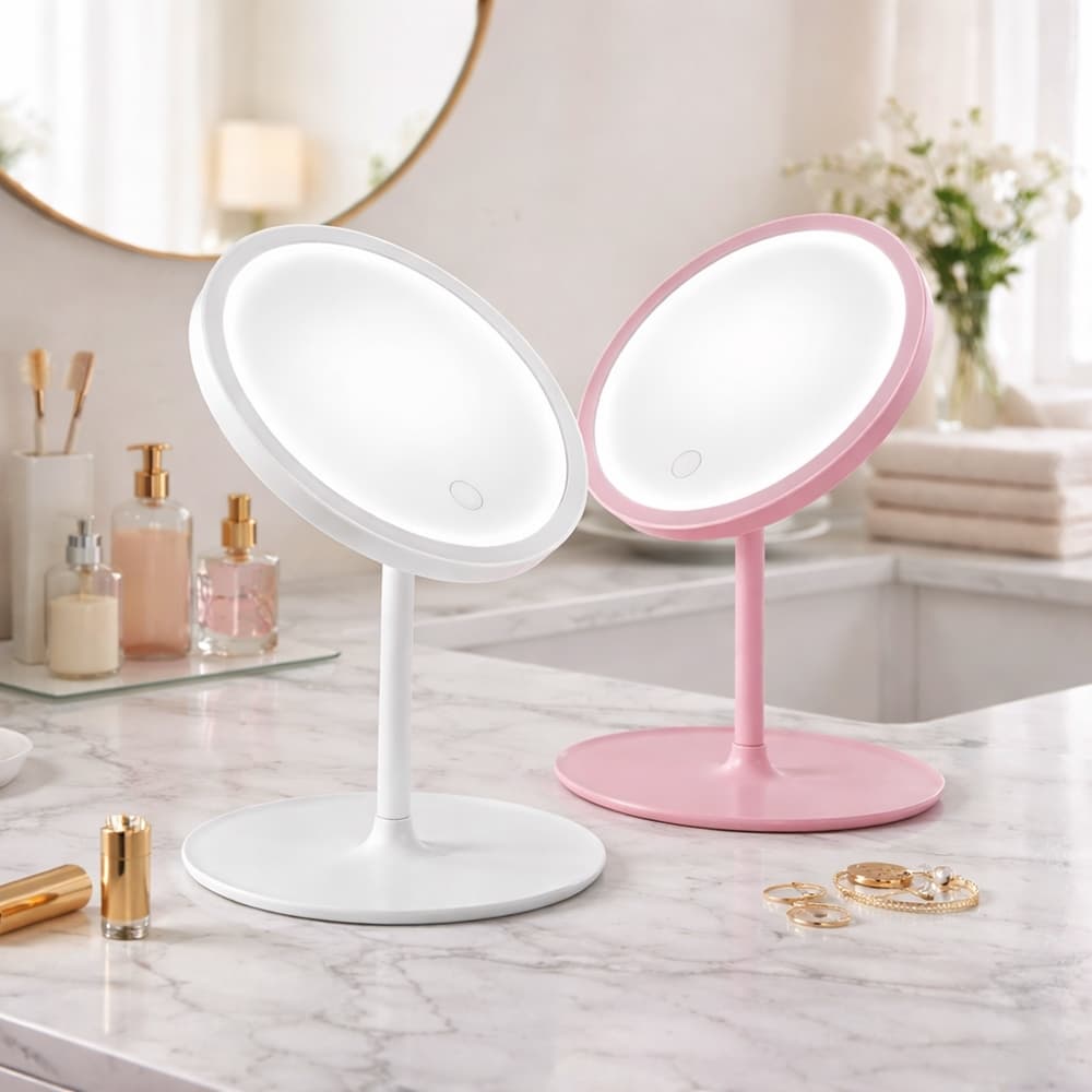 Espelho de mesa redondo para maquiagem com luz de LED  4.9