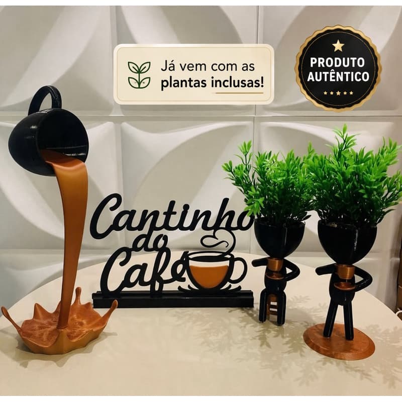 cantinho do café com xícara flutuante e bob com as plantas