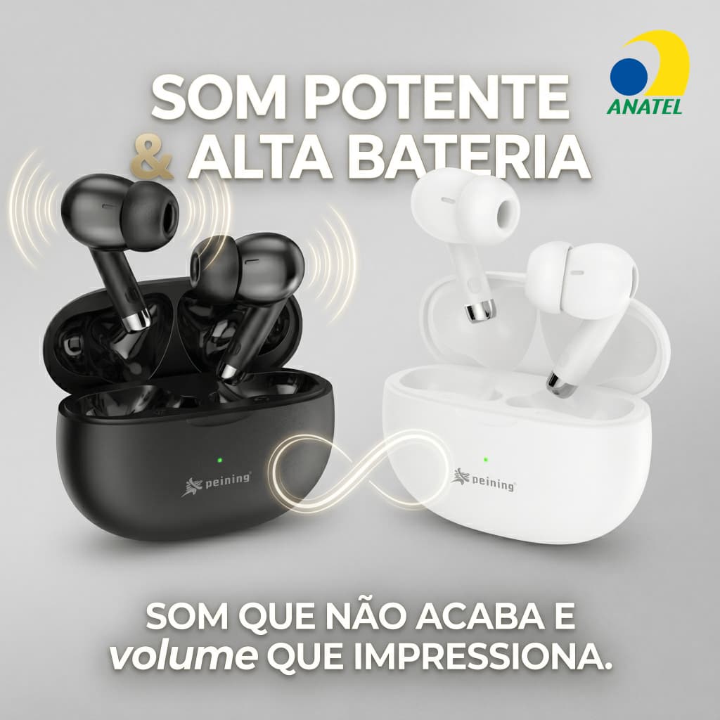 Fone de Ouvido Sem Fio Bluetooth TWS Peining PEI P9002 – Som Potente, Conforto e Liberdade Sem Fios